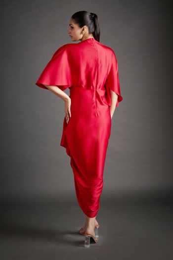 Shop_Jyoti Sachdev Iyer_Red Satin, Lycra V-neck Draped Embellished Dress _at_Aza_Fashions