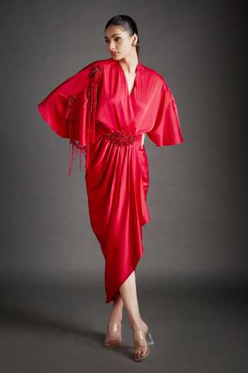 Shop_Jyoti Sachdev Iyer_Red Satin, Lycra V-neck Draped Embellished Dress _Online_at_Aza_Fashions
