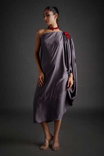 Buy_Jyoti Sachdev Iyer_Grey Satin, Lycra Asymmetric, One Shoulder Draped Dress _at_Aza_Fashions
