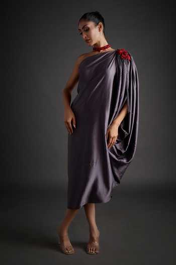 Shop_Jyoti Sachdev Iyer_Grey Satin, Lycra Asymmetric, One Shoulder Draped Dress _at_Aza_Fashions
