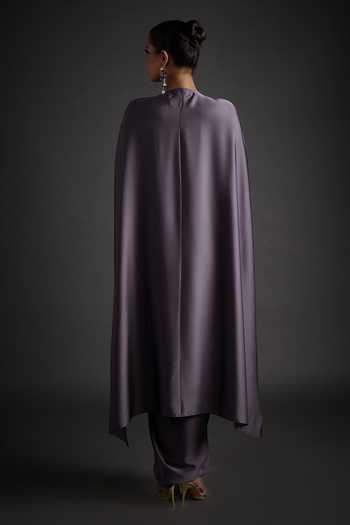 Shop_Jyoti Sachdev Iyer_Grey Satin, Lycra V-neck Placed Embellished Top With Skirt _at_Aza_Fashions