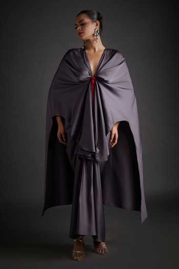 Buy_Jyoti Sachdev Iyer_Grey Satin, Lycra V-neck Placed Embellished Top With Skirt _at_Aza_Fashions