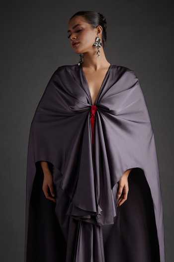 Buy_Jyoti Sachdev Iyer_Grey Satin, Lycra V-neck Placed Embellished Top With Skirt _Online_at_Aza_Fashions