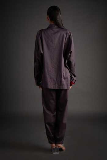 Shop_Jyoti Sachdev Iyer_Grey Linen Collared Placed Embellished Shirt With Trouser _at_Aza_Fashions
