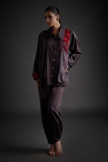 Buy_Jyoti Sachdev Iyer_Grey Linen Collared Placed Embellished Shirt With Trouser _at_Aza_Fashions