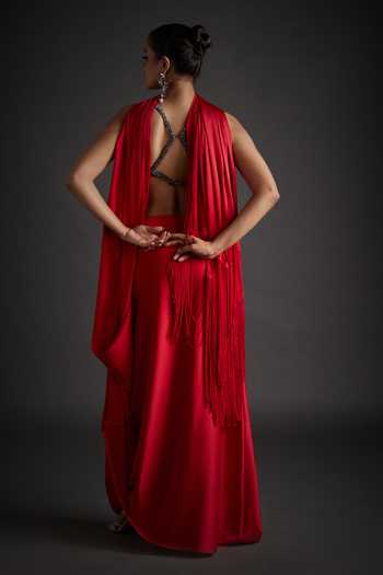 Shop_Jyoti Sachdev Iyer_Red Satin, Lycra Sequins, Beads, Tassels, Pre-draped Saree With Beaded Bralette _at_Aza_Fashions