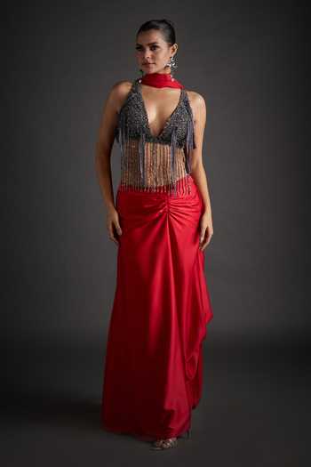 Buy_Jyoti Sachdev Iyer_Red Satin, Lycra Sequins, Beads, Tassels, Pre-draped Saree With Beaded Bralette _at_Aza_Fashions