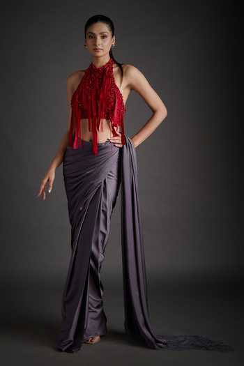 Buy_Jyoti Sachdev Iyer_Grey Satin, Lycra Halter Neck Beaded Blouse And Pre-draped Saree Set _at_Aza_Fashions