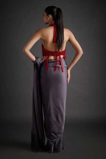 Shop_Jyoti Sachdev Iyer_Grey Satin, Lycra Halter Neck Beaded Blouse And Pre-draped Saree Set _at_Aza_Fashions