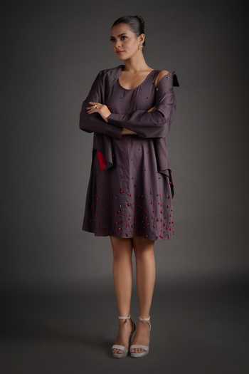 Shop_Jyoti Sachdev Iyer_Grey Cotton Collared, Scoop Neck Embellished Shirt And Dress Set _at_Aza_Fashions