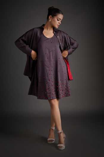 Buy_Jyoti Sachdev Iyer_Grey Cotton Collared, Scoop Neck Embellished Shirt And Dress Set _at_Aza_Fashions