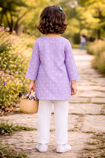 Shop_Pankhuri By Priyanka_Purple Cotton Geometric Print Kurta And Pant Set _at_Aza_Fashions