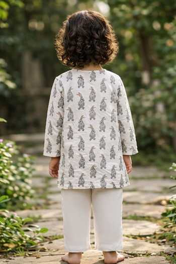 Shop_Pankhuri By Priyanka_White Cotton Rabbit Print Kurta Set _at_Aza_Fashions