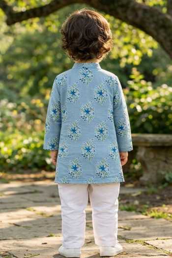 Shop_Pankhuri By Priyanka_Grey Cotton Floral Buta Print Kurta Set _at_Aza_Fashions
