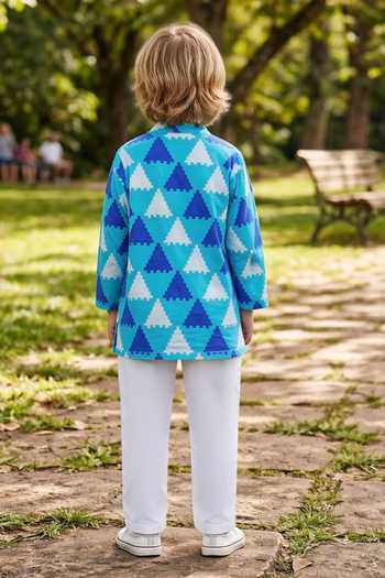 Shop_Pankhuri By Priyanka_Blue Cotton Triangle Print Kurta Set _at_Aza_Fashions