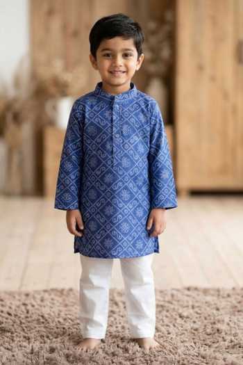 Buy_Pankhuri By Priyanka_Blue Cotton Deep Bandhej Print Kurta Set _at_Aza_Fashions