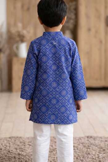 Shop_Pankhuri By Priyanka_Blue Cotton Deep Bandhej Print Kurta Set _at_Aza_Fashions