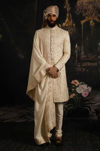 Buy_Punit Arora_Ivory Silk, Cotton, Satin Royal Hand Embroidered Sherwani Set _at_Aza_Fashions