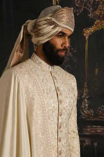 Punit Arora_Ivory Silk, Cotton, Satin Royal Hand Embroidered Sherwani Set _Online
