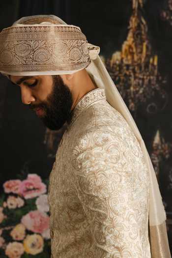 Buy_Punit Arora_Ivory Silk, Cotton, Satin Royal Hand Embroidered Sherwani Set _Online