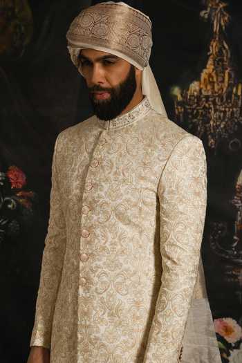 Shop_Punit Arora_Ivory Silk, Cotton, Satin Royal Hand Embroidered Sherwani Set _Online