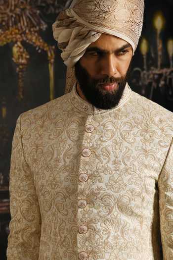 Punit Arora_Ivory Silk, Cotton, Satin Royal Hand Embroidered Sherwani Set 