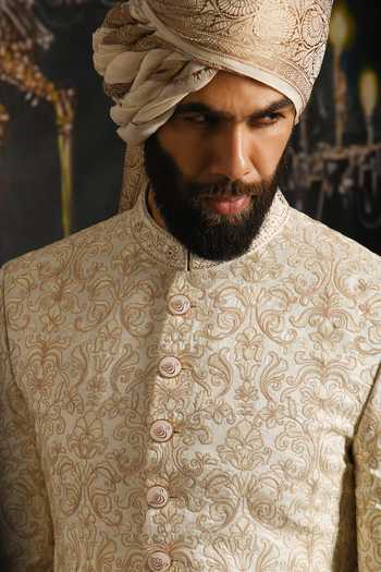 Punit Arora_Ivory Silk, Cotton, Satin Royal Hand Embroidered Sherwani Set 