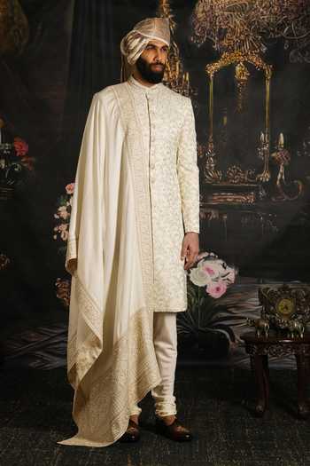 Shop_Punit Arora_Cream Silk, Satin Oyster Raw Embroidered Sherwani Set _at_Aza_Fashions