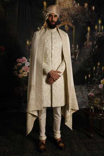 Buy_Punit Arora_Cream Silk, Satin Oyster Raw Embroidered Sherwani Set _at_Aza_Fashions
