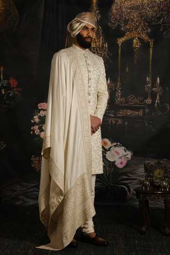 Punit Arora_Cream Silk, Satin Oyster Raw Embroidered Sherwani Set _Online