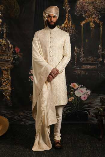 Buy_Punit Arora_Ivory Silk, Satin Sea Pearl Embroidered Sherwani Set _at_Aza_Fashions