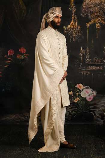 Shop_Punit Arora_Ivory Silk, Satin Sea Pearl Embroidered Sherwani Set _at_Aza_Fashions