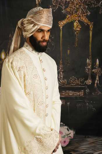 Buy_Punit Arora_Cream Silk, Satin Serenity Sherwani Set With Embroidered Dupatta 