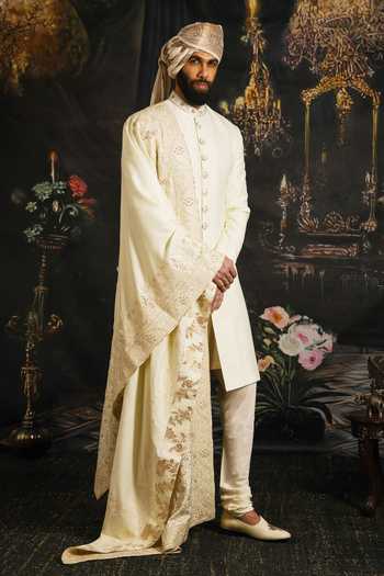 Buy_Punit Arora_Cream Silk, Satin Serenity Sherwani Set With Embroidered Dupatta _at_Aza_Fashions