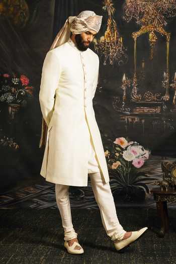Shop_Punit Arora_Cream Silk, Satin Serenity Sherwani Set With Embroidered Dupatta _Online