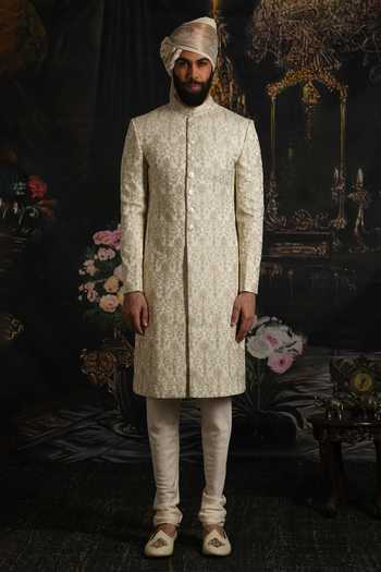 Shop_Punit Arora_Ivory Silk, Satin Opal Elegance Thread Hand Embroidered Sherwani Set _at_Aza_Fashions