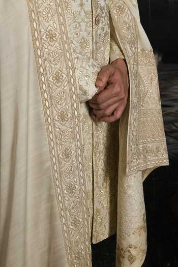 Punit Arora_Ivory Silk, Satin Opal Elegance Thread Hand Embroidered Sherwani Set _Online
