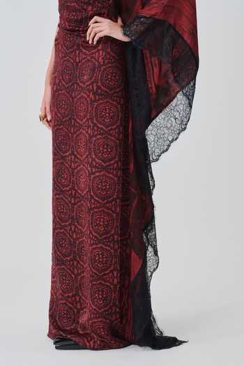 Buy_Aroka_Black Satin, Chiffon, Modal V-neck, Asymmetric Rhea Ajrakh Print Dress _Online_at_Aza_Fashions
