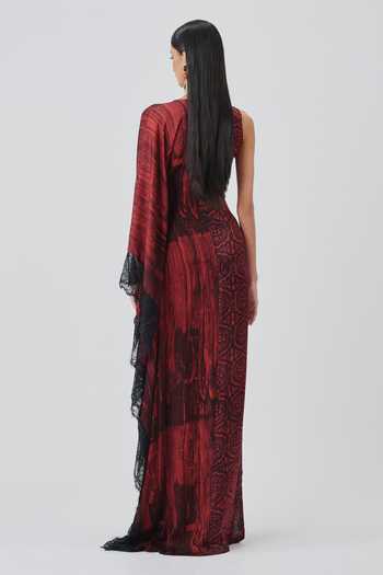 Shop_Aroka_Black Satin, Chiffon, Modal V-neck, Asymmetric Rhea Ajrakh Print Dress _at_Aza_Fashions