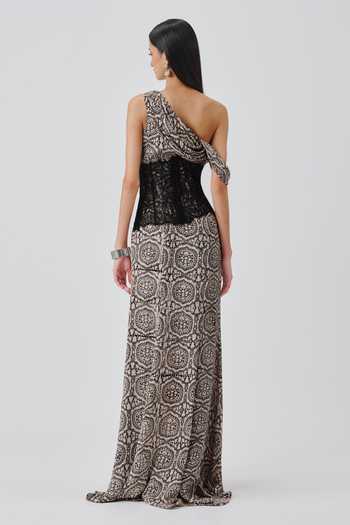 Shop_Aroka_Black Satin, Modal Asymmetric, One Shoulder Tara Ajrakh Print Gown With Belt _at_Aza_Fashions