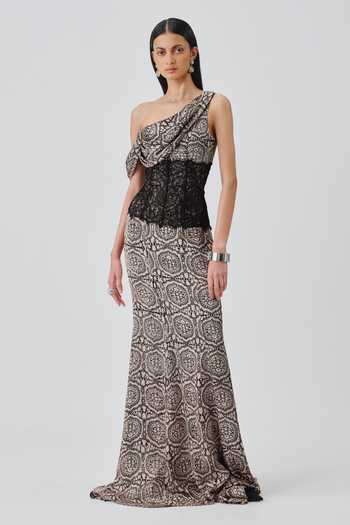 Buy_Aroka_Black Satin, Modal Asymmetric, One Shoulder Tara Ajrakh Print Gown With Belt _at_Aza_Fashions