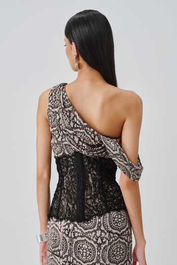 Buy_Aroka_Black Satin, Modal Asymmetric, One Shoulder Tara Ajrakh Print Gown With Belt _Online_at_Aza_Fashions