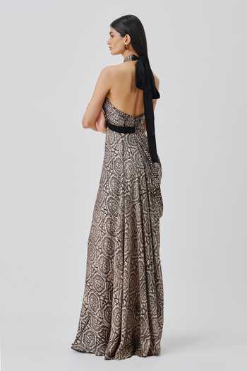 Shop_Aroka_Black Satin, Modal Halter Neck Aveline Gown _at_Aza_Fashions