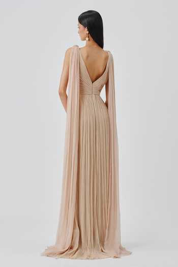 Shop_Aroka_Cream Satin, Chiffon, Modal Cowl Neck Athena Ruched Gown _at_Aza_Fashions