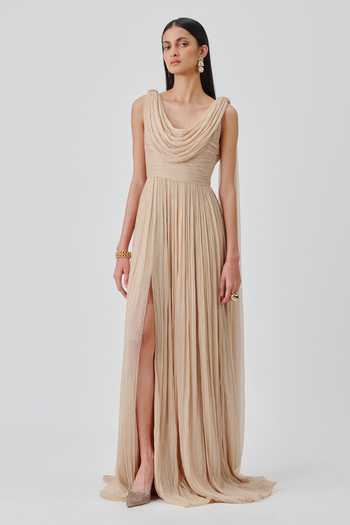 Buy_Aroka_Cream Satin, Chiffon, Modal Cowl Neck Athena Ruched Gown _at_Aza_Fashions