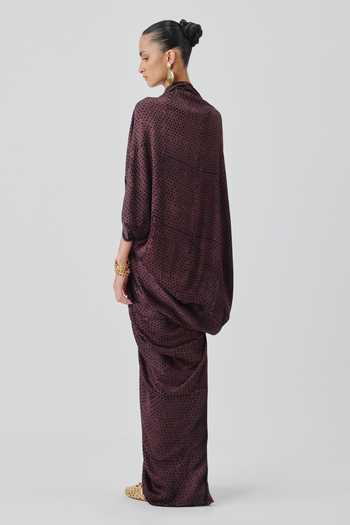Shop_Aroka_Black Satin, Modal Shawl Neck Amaya Hand Block Print Kaftan _at_Aza_Fashions