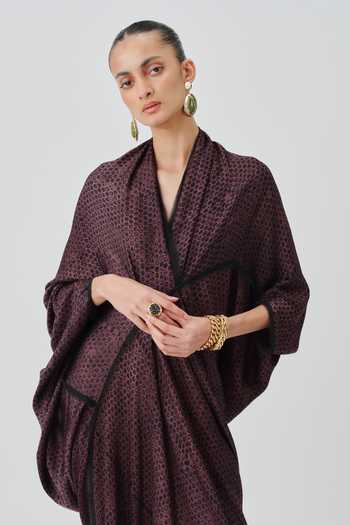 Buy_Aroka_Black Satin, Modal Shawl Neck Amaya Hand Block Print Kaftan 