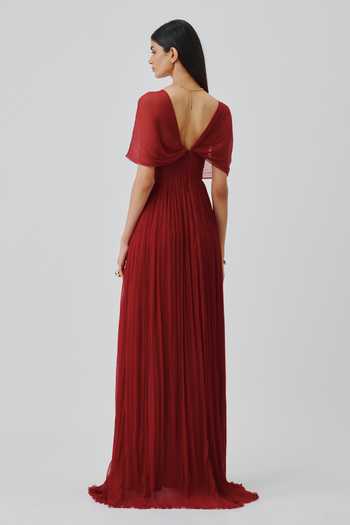 Shop_Aroka_Red Satin, Chiffon, Modal V-neck Scarlet Muse Ruched Dress _at_Aza_Fashions