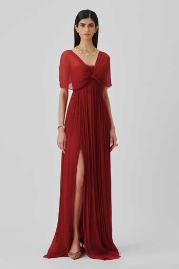 Buy_Aroka_Red Satin, Chiffon, Modal V-neck Scarlet Muse Ruched Dress _at_Aza_Fashions