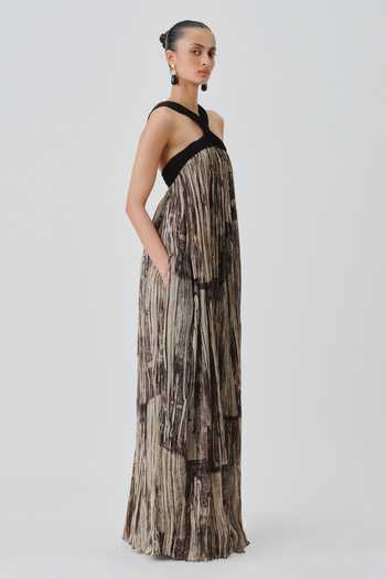 Aroka_Black Muslin Halter Neck Hand Block Print Dress _Online_at_Aza_Fashions
